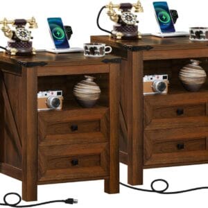 Rustic Wood Nightstands – Farmhouse Bedside Table Set with Storage