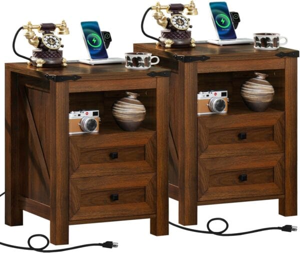 Rustic Wood Nightstands – Farmhouse Bedside Table Set with Storage