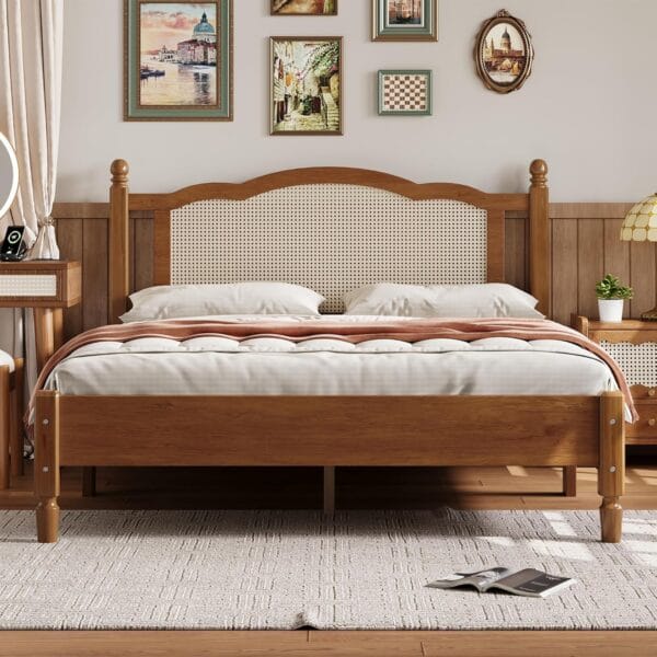 Queen Wood Platform Bed Frame – Vintage Farmhouse Style with Rattan Headboard